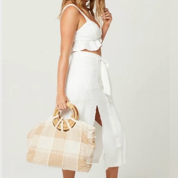 NEW w/TAGS L*Space Deep Seas Tan and White Beach Tote Bag with Bamboo Handle - Picture 4 of 9